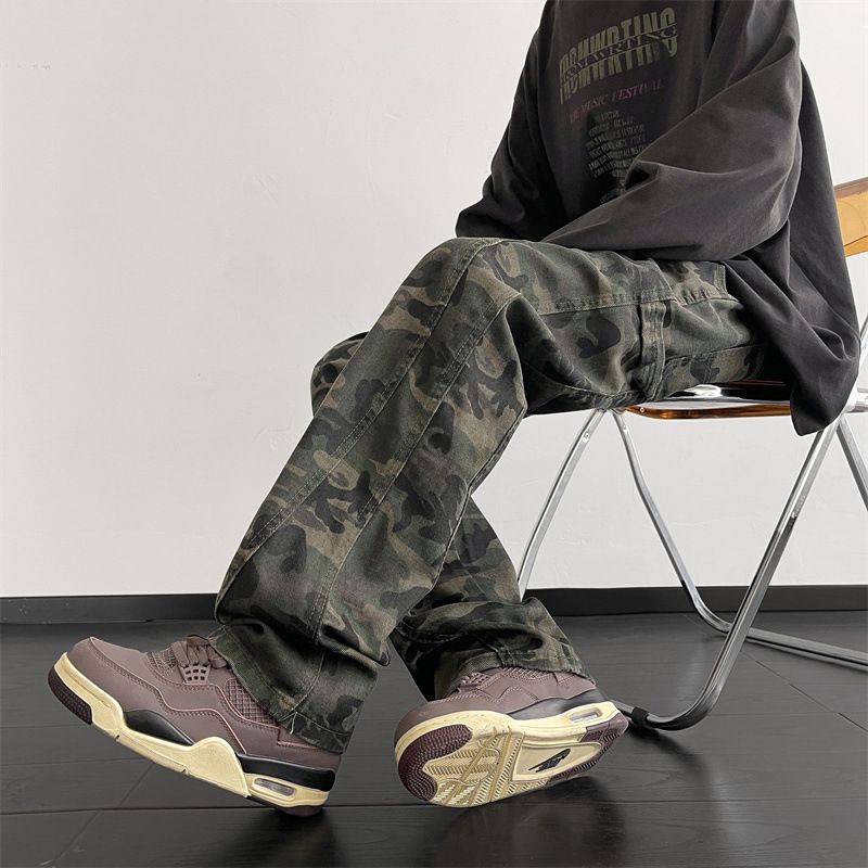 Spring High Street Micro-pull Pants American Camouflage Jeans Men's Straight High-end Sense_voghion.com
