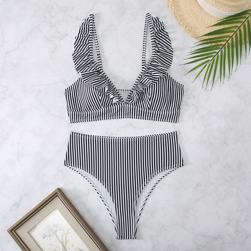 Maillot de bain bikini rayé taille haute à volants et col en V pour femme, nouveauté 2025_voghion.com