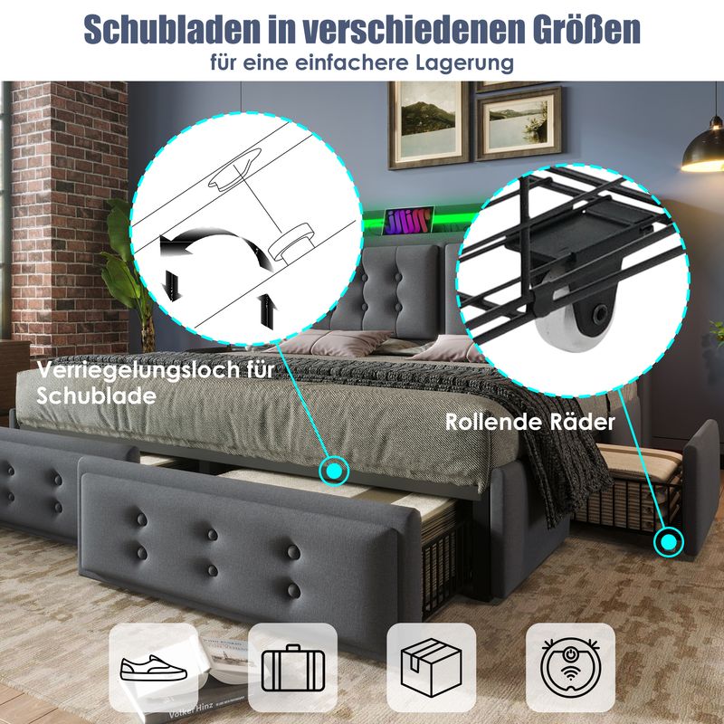 Lit double 140 x 200 cm avec tête de lit LED, chargement USB-C, 4 tiroirs, cadre de lit avec lattes en bois et structure en métal, charge maximale 300 kg, gris, tissu coton (matelas inclus)._voghion.com