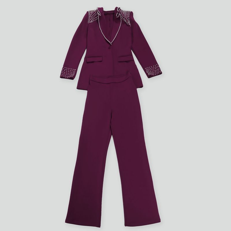 Traje de dos piezas ajustado de manga larga con perlas para mujer_voghion.com