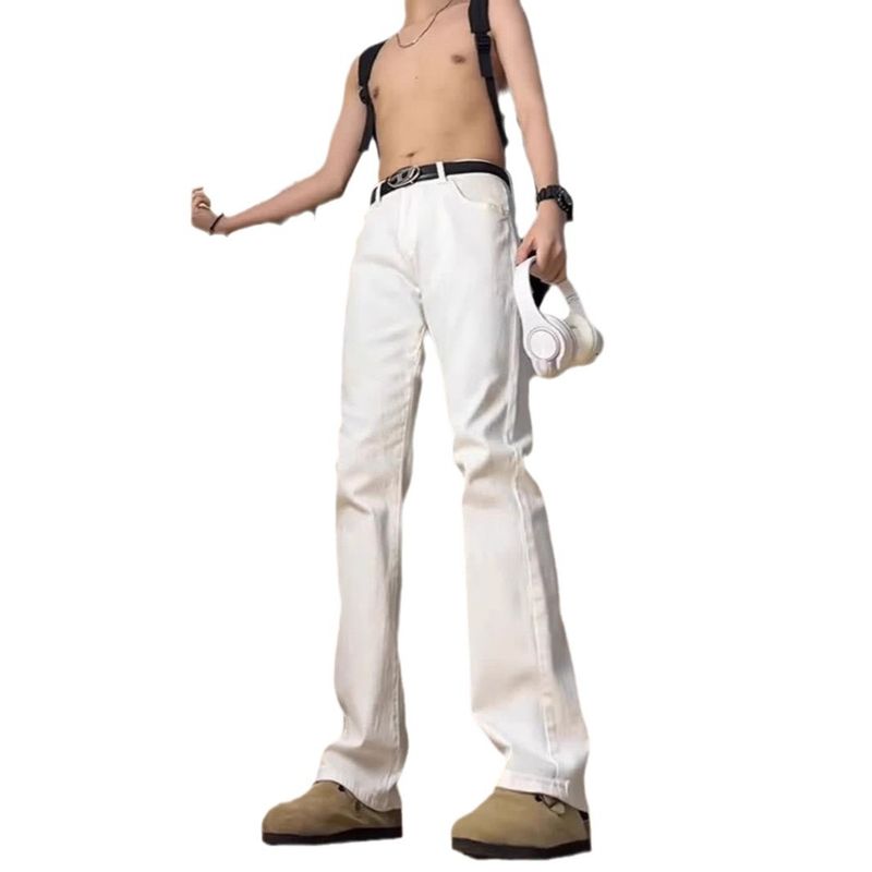 Beyaz Cleanfit Kot Erkek Sonbahar Amerikan Sokak Modası Marka Slim Fit Düz Tüp Mikro Flare Elastik Pantolon_voghion.com