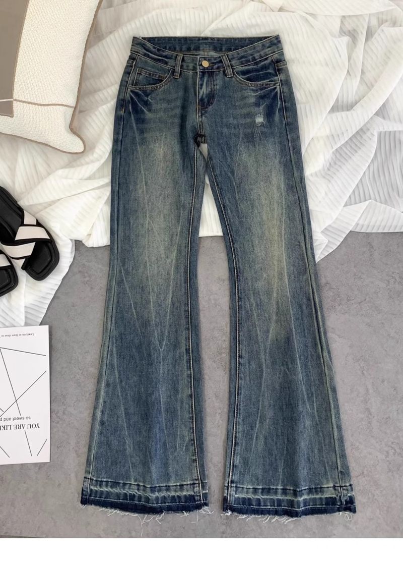 Vaqueros acampanados vintage de cintura alta: pantalones vaqueros desgastados con bordados para mujer (tallas XS-2XL, azul retro y gris)_voghion.com