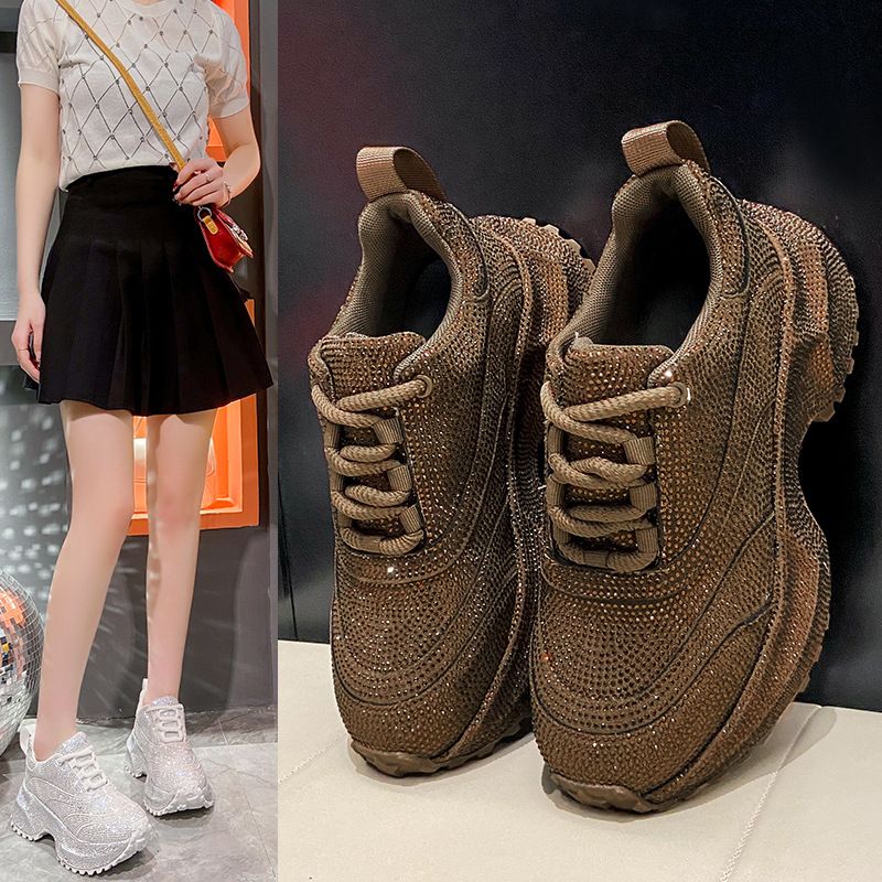 Modische Damen-Sneaker mit Strasssteinen – klobige Plateauschuhe für mehr Körpergröße, atmungsaktives Obermaterial aus PU, lässige und trendige Low-Top-Schnürschuhe_voghion.com
