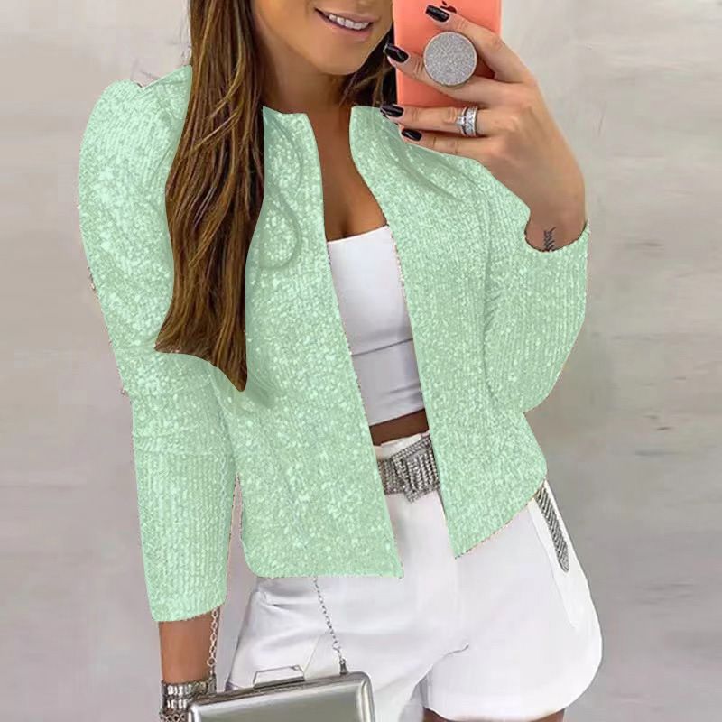 Women's Clothing Women's Fashion Stand up Collar Solid Color Sequined Jacket Short Casual All match Small Jacket_voghion.com