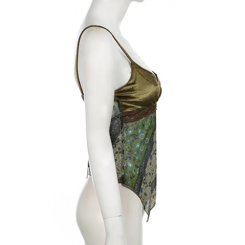 Camisola con estampado floral de bosque campestre para mujer, cuello en V, encaje suelto, patchwork, chaleco irregular_voghion.com