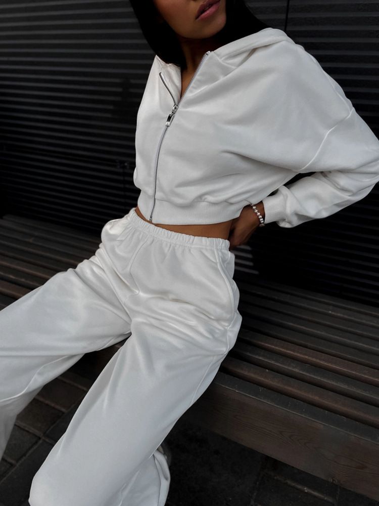 Women's Hooded Zip-Up Sweatshirt & Jogger Set (Breathable Poly-Cotton, Pink/Stone Grey/White, S/M/L/XL, Streetwear Essentials)_voghion.com