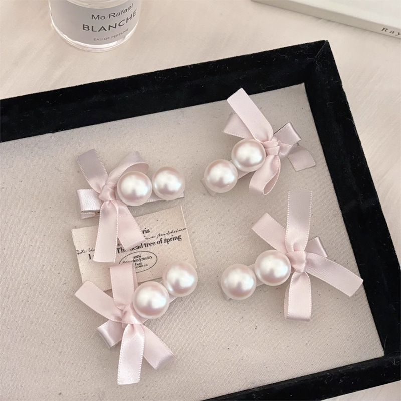 Accesorios para el cabello con flequillo para adolescentes, con lazo y perla, estilo coreano, delicados clips de moda._voghion.com