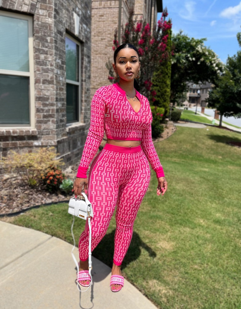 Ensemble deux pièces en tricot élastique imprimé pour femme, automne et hiver, manches longues, trois couleurs disponibles, OL6131_voghion.com