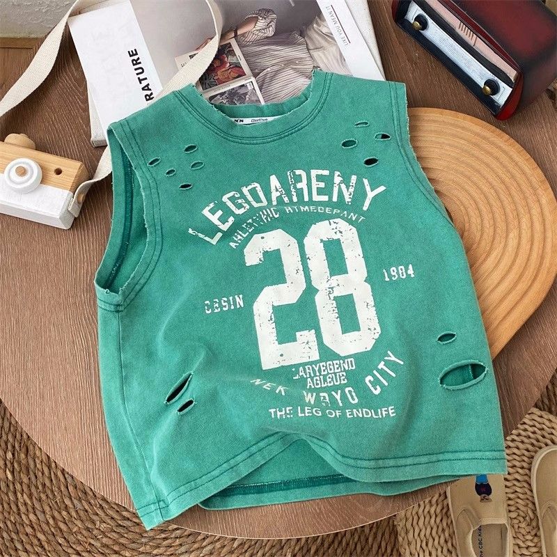 Ropa para niños 2024 Estilo de verano Color frito Chaleco de algodón puro para niños Agujero lavado y desgastado Bebé Camiseta sin mangas de algodón puro_voghion.com
