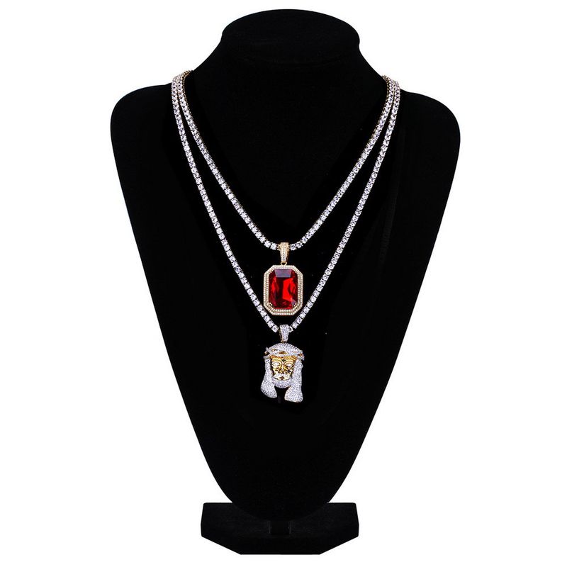 Necklaces New Micro Inlaid Pendant Chain Head Portrait And Ruby Hiphop Hip Hop Necklace Combination Set_voghion.com