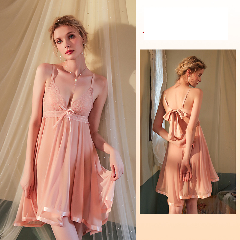 Women's Sleepwears Deep V home dress plus size sexy halter nightdress bow mesh lace pajama lady_voghion.com