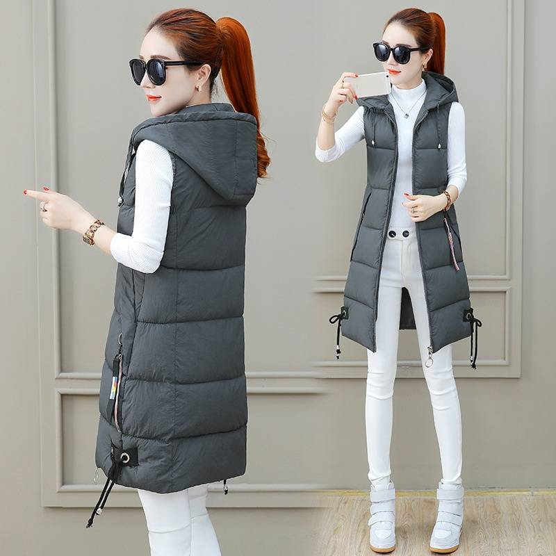 Damenbekleidung lockere mittellange Baumwollweste Damen dicke warme Baumwollweste mit Kapuze_voghion.com
