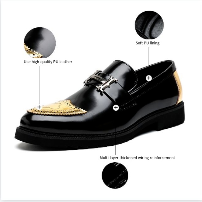 Scarpe casual in pelle a punta, in stile britannico, con finitura lucida, da uomo, senza lacci e con tacco alto._voghion.com