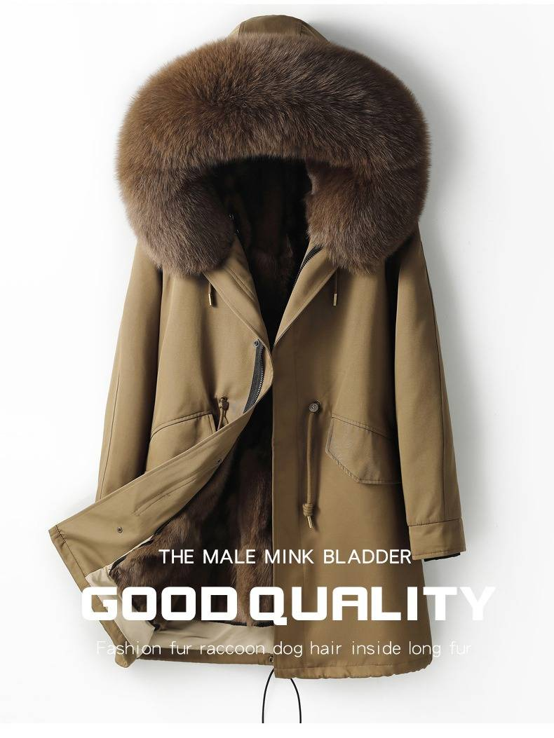 Parka de piel de zorro desmontable para hombre: abrigo de invierno con capucha y forro extraíble (M-6XL, corte entallado, cortavientos, cierre de cremallera)_voghion.com