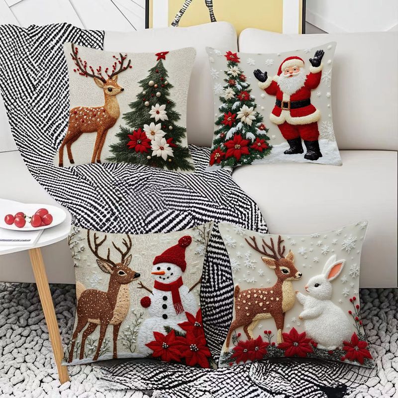 Federa per cuscino natalizio, decorazione festiva per divano, cuscino decorativo in lino, motivo alce e coniglio_voghion.com
