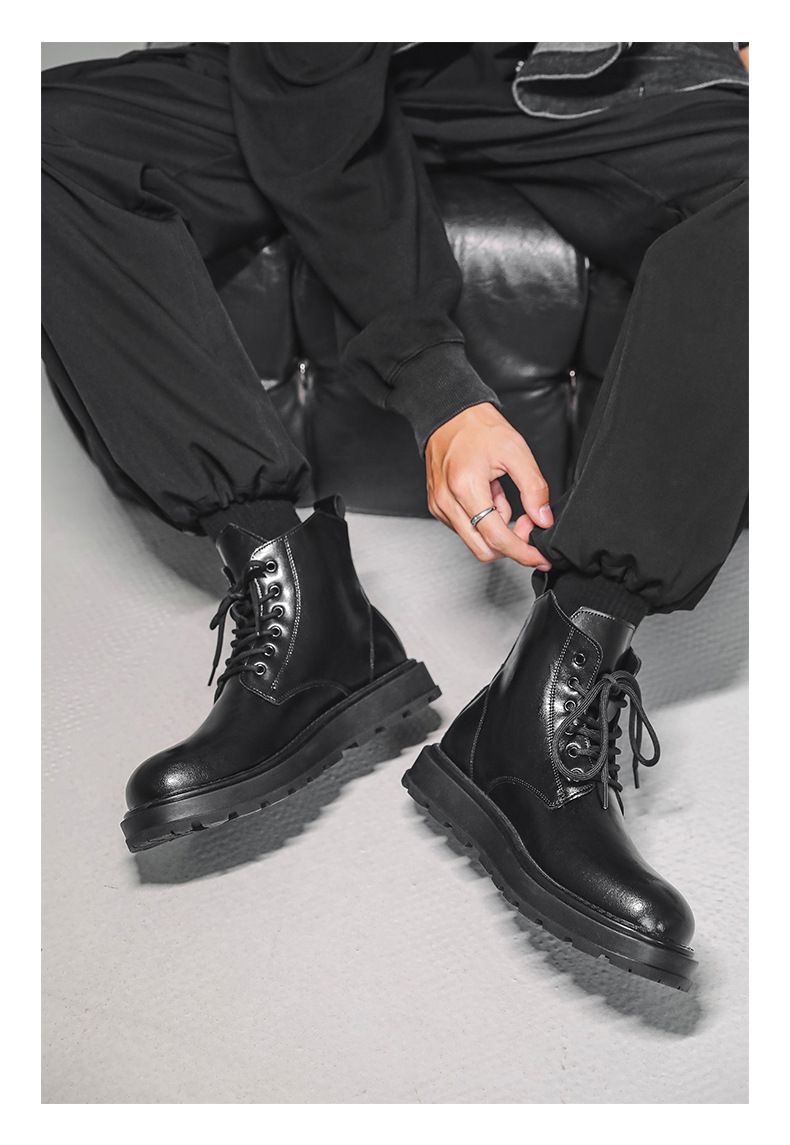 Retro Martin Boots Lace-up Locomotive Tooling Boots Thick-soled High-top Leather Shoes Black Short Boots_voghion.com