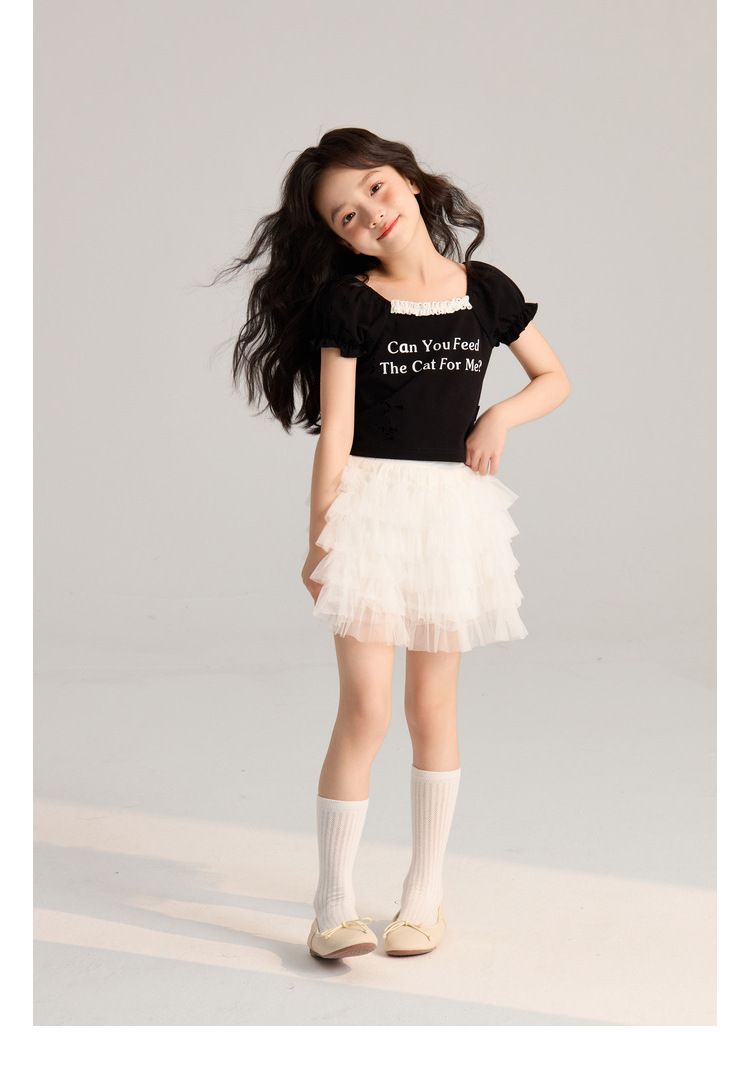 Ropa para niños Verano Nuevo Simple Transpirable Letra Estampado Casual Encaje Mangas cortas_voghion.com