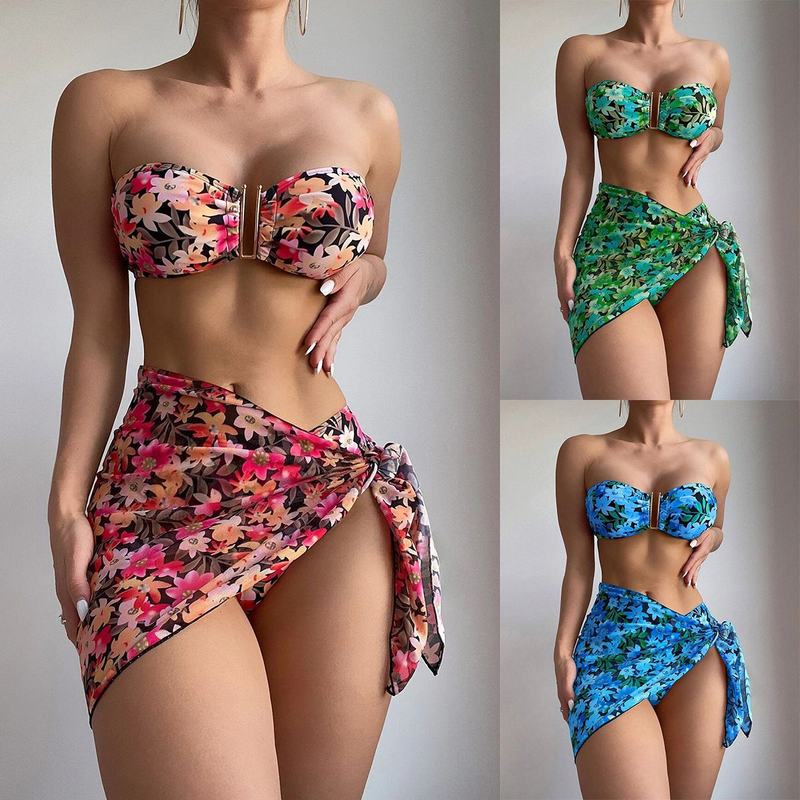 Damen Split Metall U-förmiger Bikini BIKINI dreiteiliger bedruckter Badeanzug_voghion.com