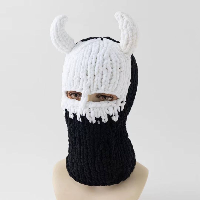 Cross-border Rabbit Ears Handmade Knitted Thickened Warm Devil Big Brim Mask Headgear Sweet Cool Winter Tide Street Hat_voghion.com