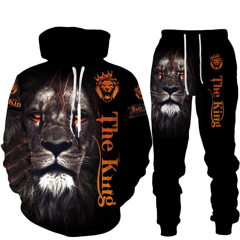 New trendy men's set with digital printed mesh fabric, lion tiger casual hoodie and pants_voghion.com