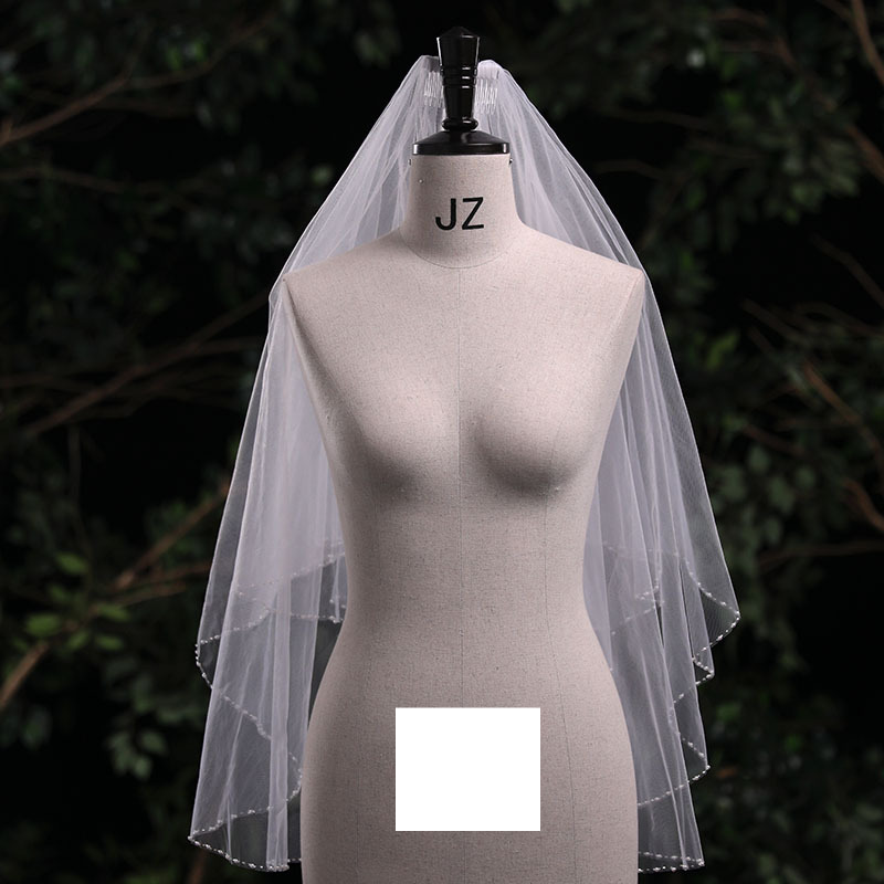Wedding veil Double layer veil sewn with small crystal beads short bride's wedding certificate travel photo veil_voghion.com