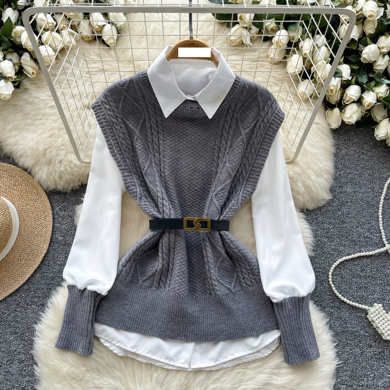 Damenbekleidung Weste Damen Herbst Zweiteiler Modischer und vielseitiger ärmelloser gedrehter Strickweste mit langärmligem Hemd innen_voghion.com