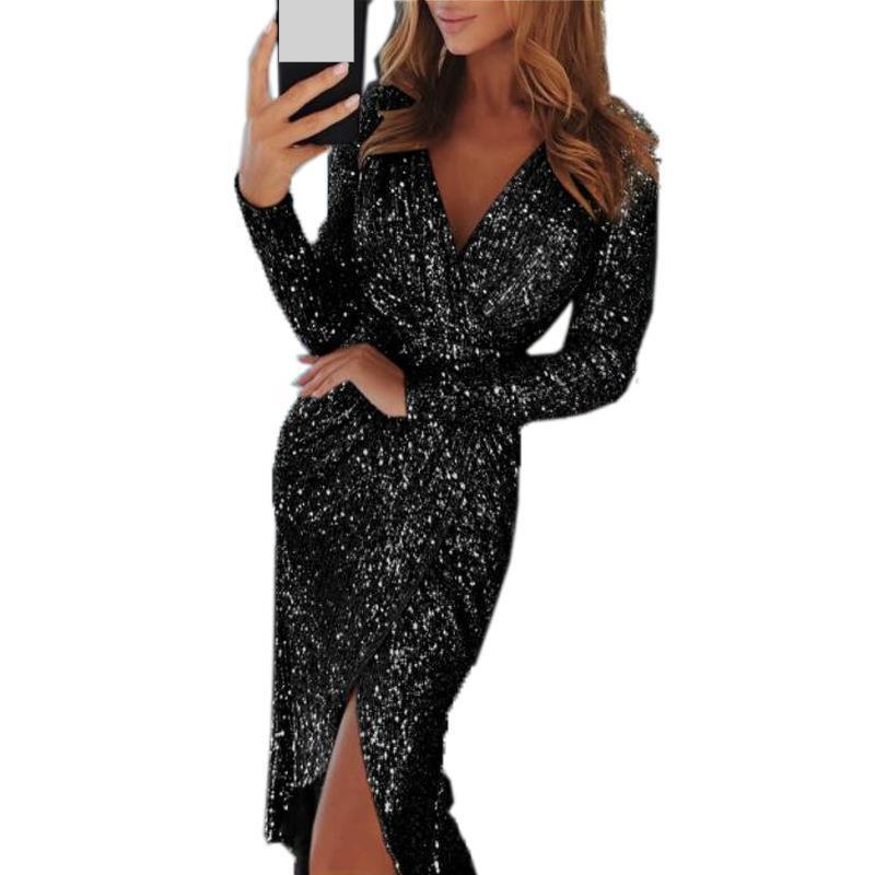 Ropa de mujer nueva con estampado en caliente sexy manga larga falda de longitud media cuello en V vestido de noche con abertura vestido ajustado para mujer_voghion.com