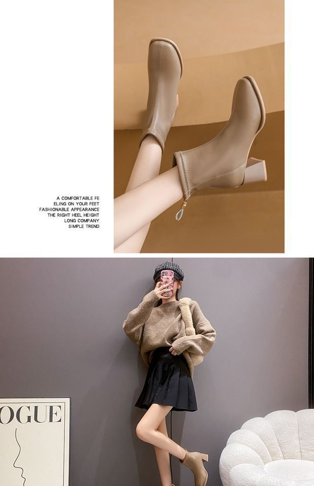 Short Boots And Ankle Boots, Women's Korean Style 2025 New Autumn And Winter Thick Heel Martin Boots, Square Toe Slim Boots, Women's Back Zipper_voghion.com