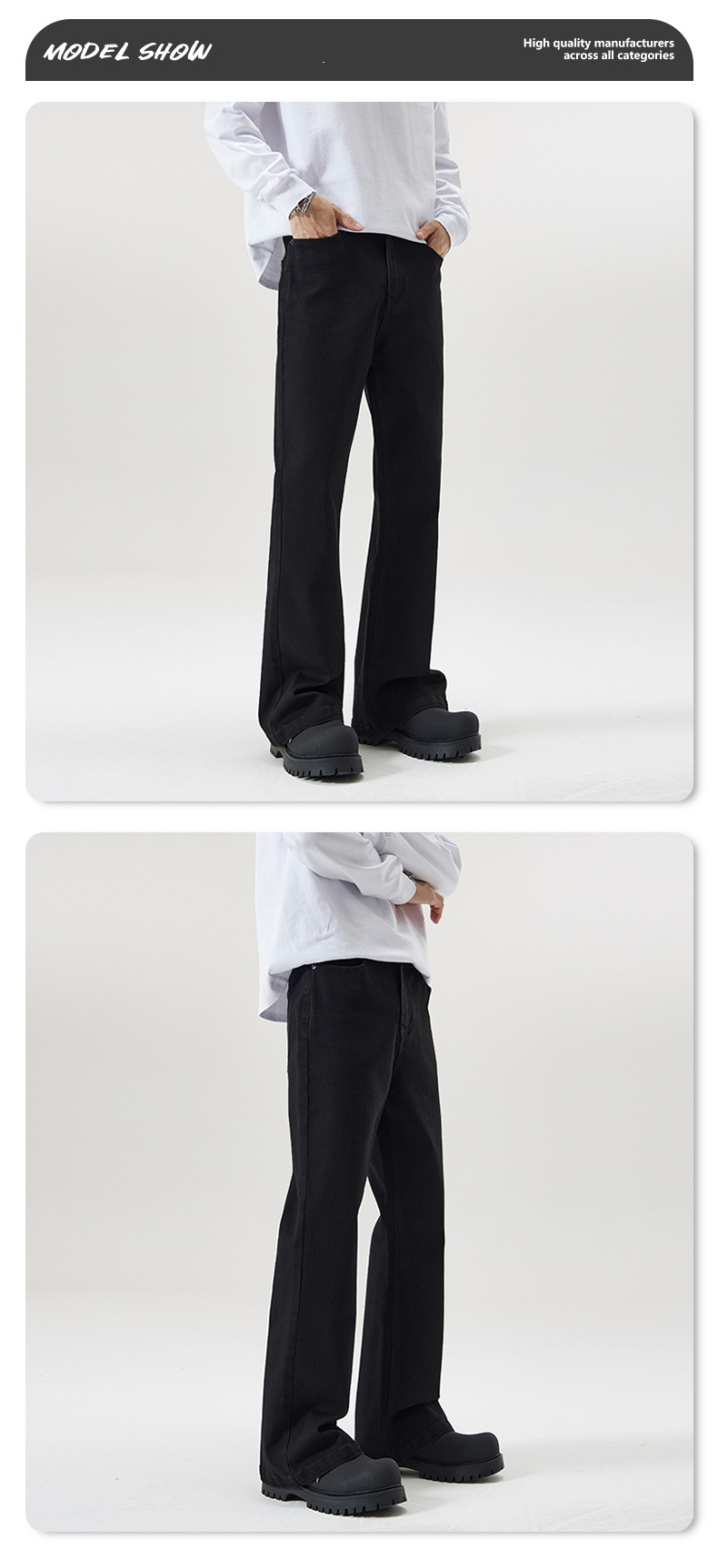 Meeste sügis- ja talveriided, mustad elastsed matšeeteta laienevad teksad, meeste kitsad ja pikad püksid, bootcut-lõikega, pikad püksid_voghion.com