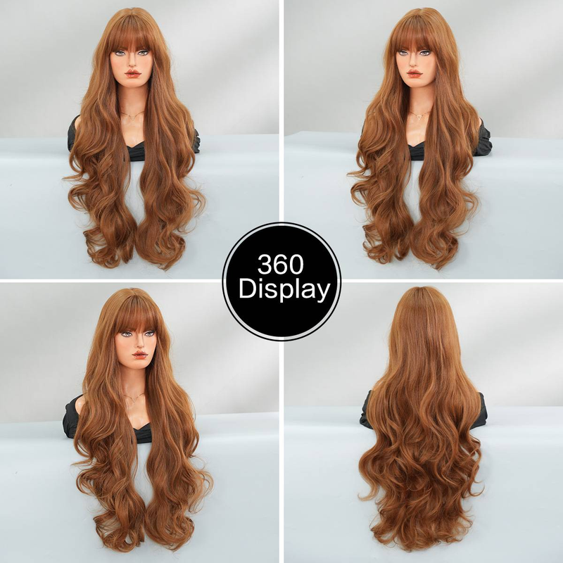 Apricotbraune Loli-Perücke, superlanges lockiges Haar, volle Kopfbedeckung, große Wellenperücke_voghion.com