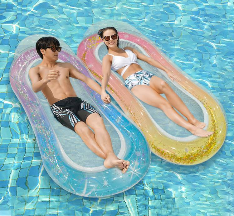 Glitter Ombre Inflatable Lounge Bed - Foldable Pool Float With Breathable Mesh Backrest (Heavy-Duty PVC 180cm Quick-Dry & Portable For Adults)_voghion.com