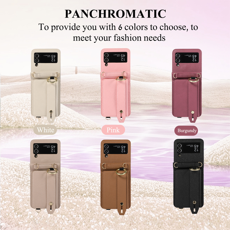 Suitable For Samsung Z Flip5 Folding Crossbody Mobile Phone Case Z Flip4 Card Slot Protective Cover Wrist Strap Bracket Leather Case_voghion.com