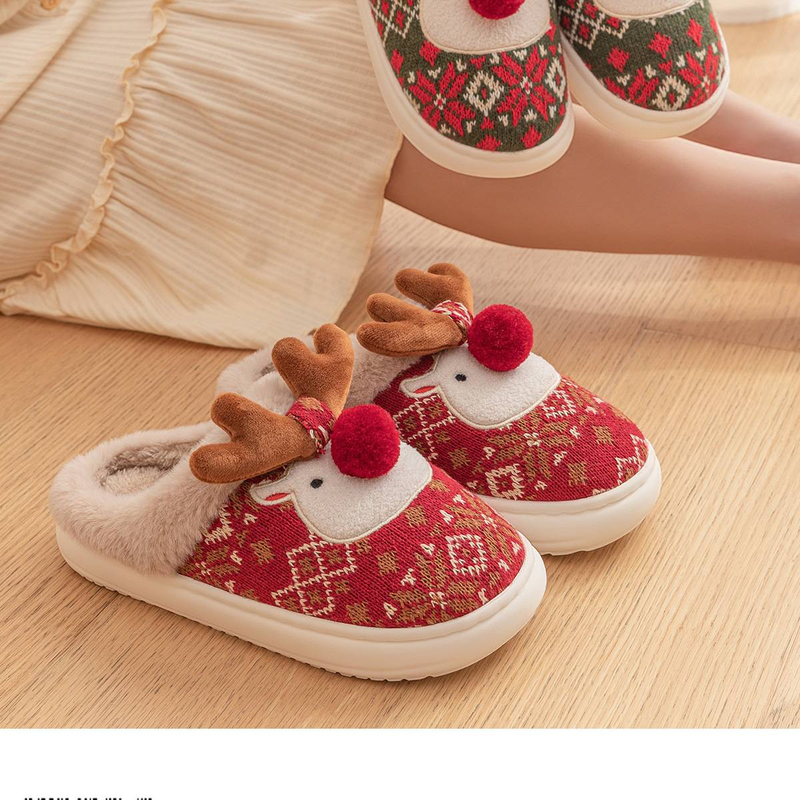 Rentier-Baumwoll-Hausschuhe für Damen, Herbst und Winter, Wärme, 2025WEN, Weihnachtsgeschenk_voghion.com