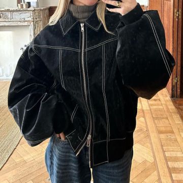 Vintage-inspirierte Damenjacke mit Reißverschluss – Lockere Passform, Langarm, Polyester, Streetwear-Mode (Rot, Kaffeebraun, Schwarz, Blaugrün, Braun, Grün)_voghion.com