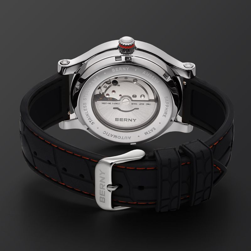 Relojes automáticos BERNY para hombre, de moda, resistentes al agua hasta 5 ATM, correa de silicona, reloj mecánico con fecha, reloj de pulsera de zafiro superluminoso y fácil de leer._voghion.com