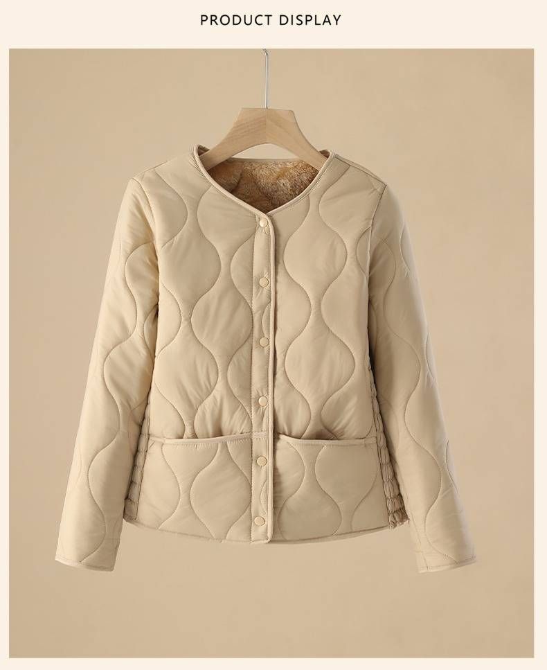 Women's Fleece-Lined Thermal Jacket, Slim Fit Lightweight Winter Coat With V-Neck, Long Sleeve Quilted Inner Wear, Soft Polyester Puffer Vest_voghion.com