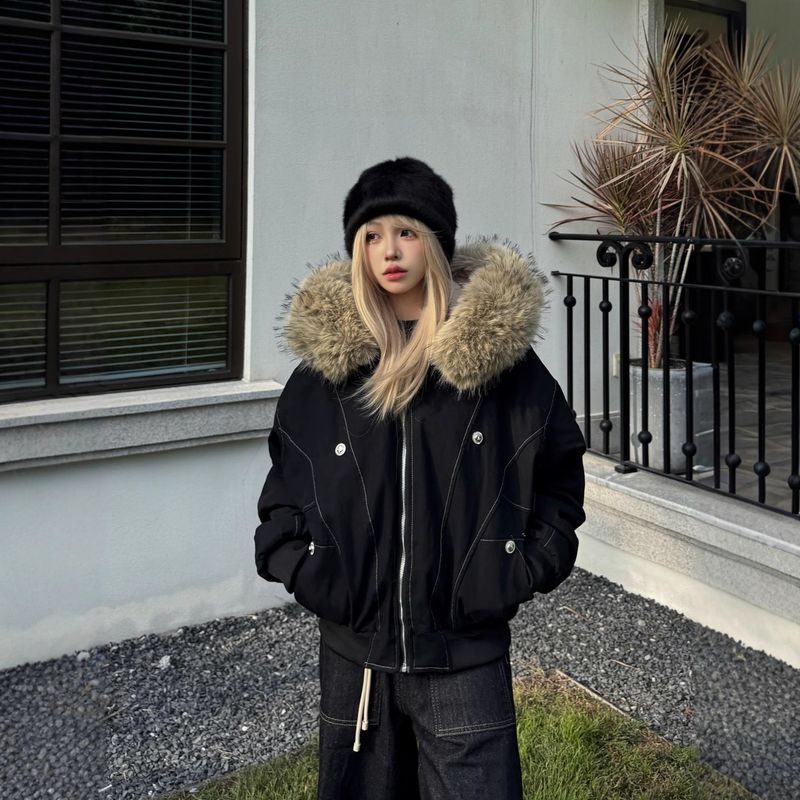Women's Vintage Black Bomber Jacket | Winter Hooded Puffer Coat With Fleece Lining | Streetwear Short Jacket For Retro Style_voghion.com