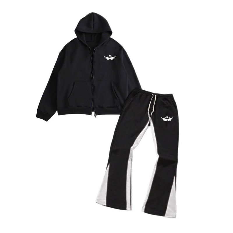 Men's Clothing Autumn And Winter Wing Print Casual Wing Print Zip-Up Hoodie And Jogger Pants Set, Casual Two-Piece Outfit For Fall/Winter, Black_voghion.com
