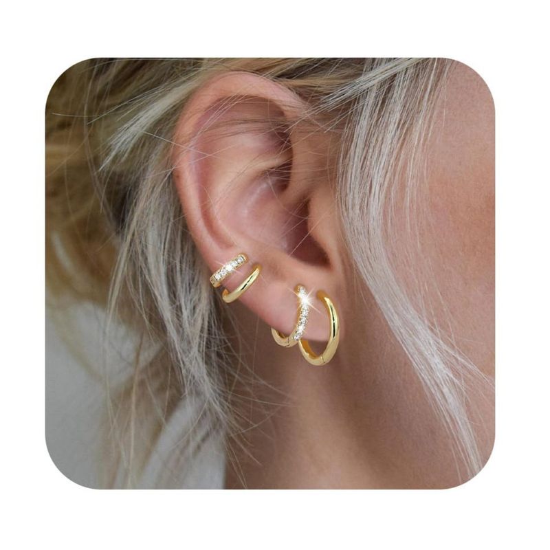 Brincos redondos versáteis com incrustação de zircônia na moda, galvanizados a ouro verdadeiro, conjunto de brincos para mulheres_voghion.com