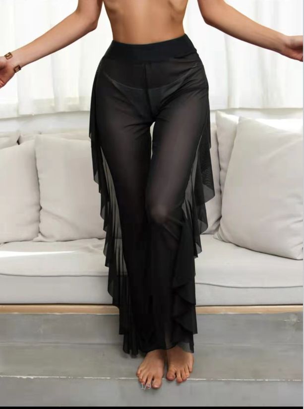 Bikini da donna sexy con copricostume e pantaloni in rete trasparente - Completo mare 3 pezzi nero/bianco (S/M/L)_voghion.com
