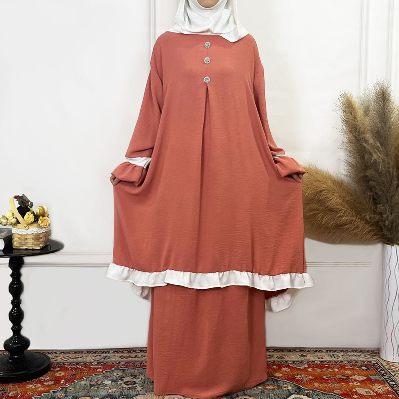 Women's Clothing Solid Color Ruffled Burkha Two Piece Set_voghion.com