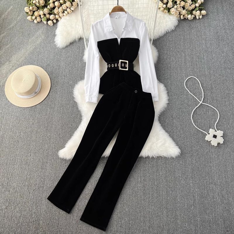 Abiti alla moda per le donne Temperamento Vita alta Camicia a maniche lunghe Vita alta Velluto dorato Piedi piccoli Set due pezzi_voghion.com