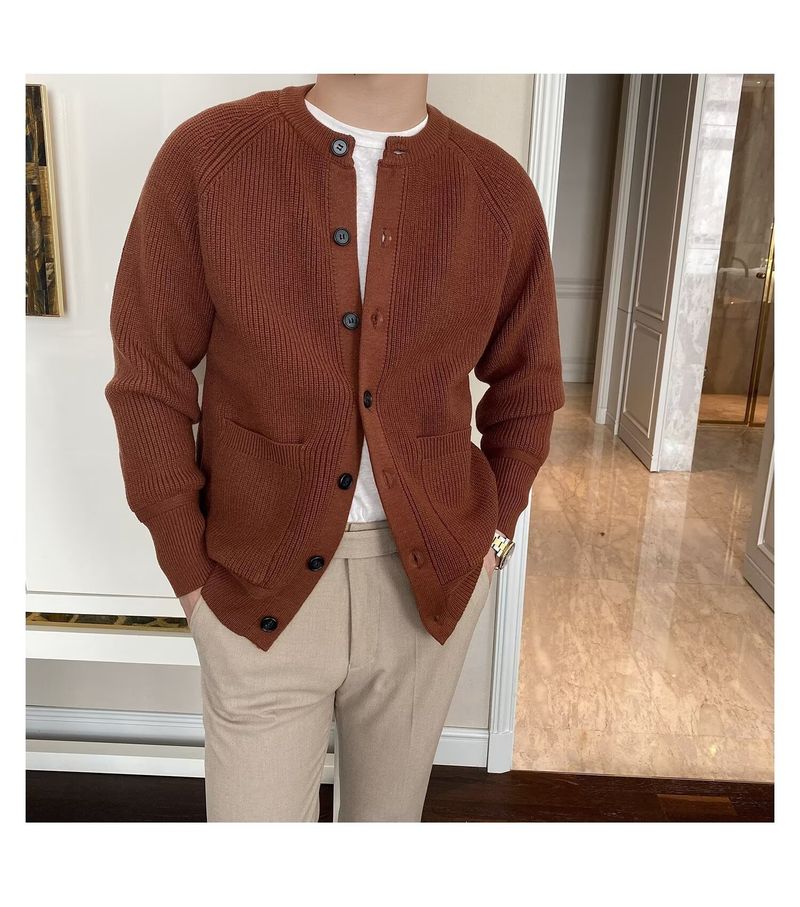 Men's Knit Cardigan Sweater - Thick Warm Open Front Coat With Baseball Collar, Soft Breathable Polyester Blend, Relaxed Fit For Business Casual_voghion.com