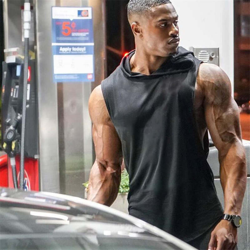 Muscle men's fitness cotton printed camisole hooded sports vest loose hurdle training sleeveless top_voghion.com