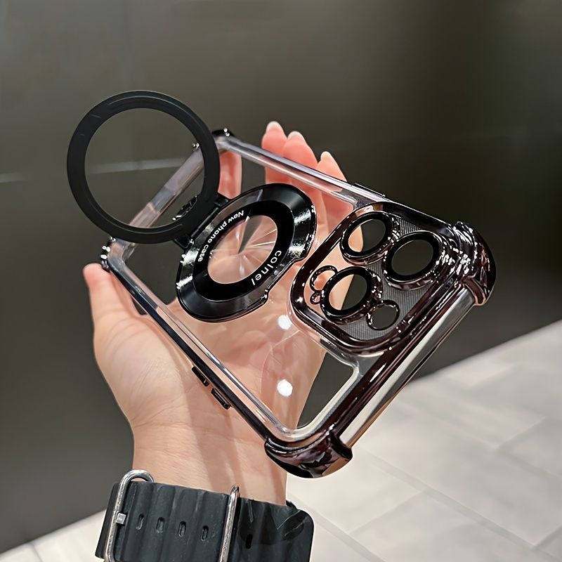 Electroplating Clear Kickstand Case for iPhone 13 12 Pro Max 14 15 Plus with Magnetic Bracket Holder Mobile Phone Shell_voghion.com