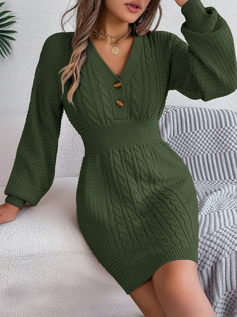 Abito in maglia aderente con maniche a lanterna, scollo a V e bottoni, autunno inverno 2025, moda donna_voghion.com