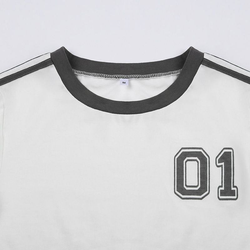 T-shirt da donna in stile retrò americano, vestibilità slim, girocollo, manica lunga, stampa a righe – Tessuto in maglia confortevole con design a blocchi di colore_voghion.com