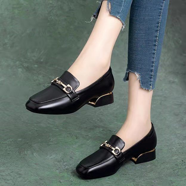 Soft-soled Loafers Women's Square Head Shallow Mouth Single Shoes Women's One-pedal Small Leather Shoes Square Heel British Style_voghion.com