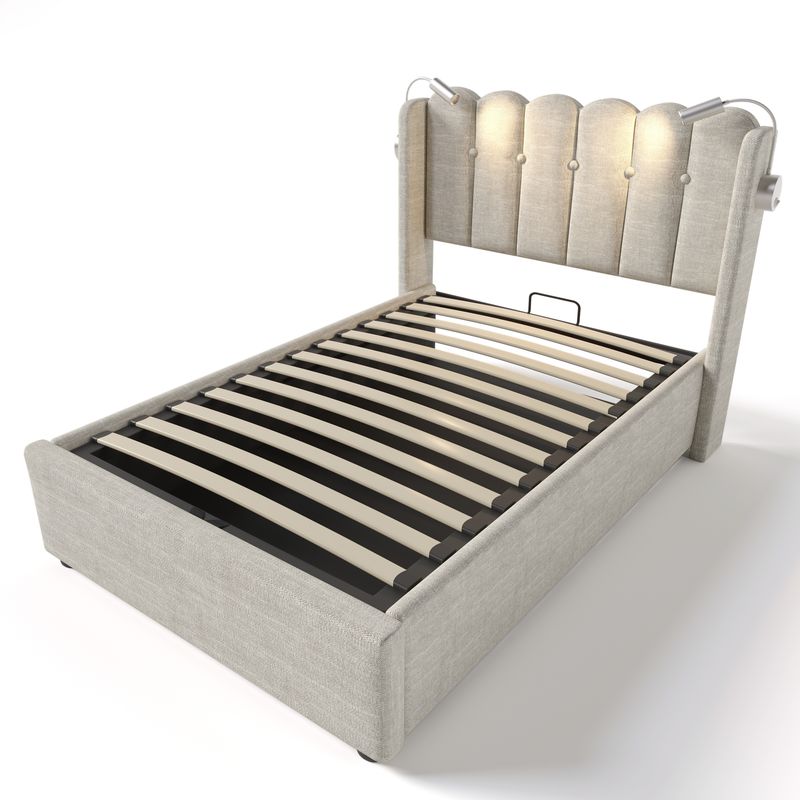 Cadre de lit simple rembourré avec liseuse, fonction de charge, rangement pour la tête de lit, lit enfant en lin 90 x 200 cm avec sommier à lattes (matelas non inclus, coloris naturel)_voghion.com