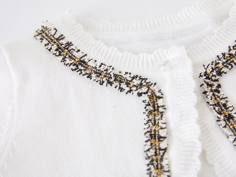 Cardigan élégant en tricot d'inspiration victorienne pour mère et enfant, avec bordure en dentelle, léger et doux, en mélange de coton (blanc-rose/blanc-noir/violet-rose)_voghion.com